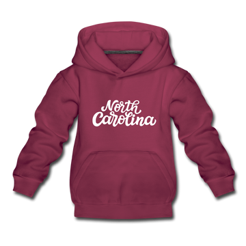 North Carolina Youth Hoodie - Hand Lettered Youth North Carolina Hooded Sweatshirt - burgundy