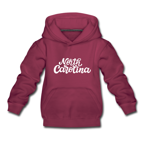 North Carolina Youth Hoodie - Hand Lettered Youth North Carolina Hooded Sweatshirt - burgundy