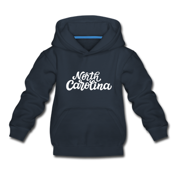 North Carolina Youth Hoodie - Hand Lettered Youth North Carolina Hooded Sweatshirt - navy