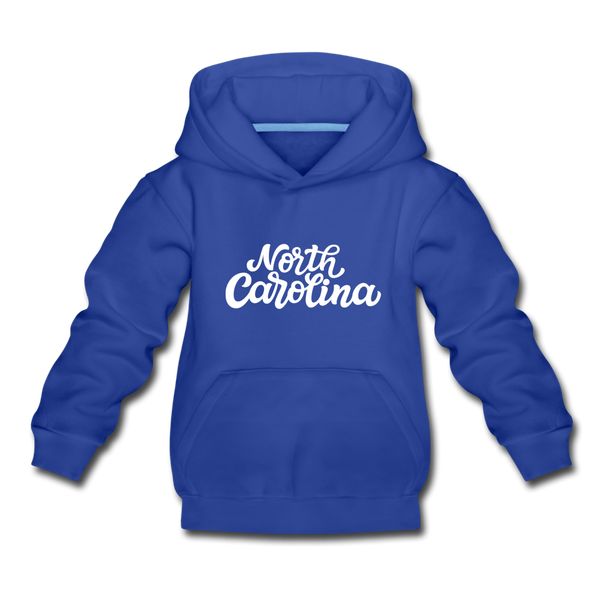 North Carolina Youth Hoodie - Hand Lettered Youth North Carolina Hooded Sweatshirt - royal blue
