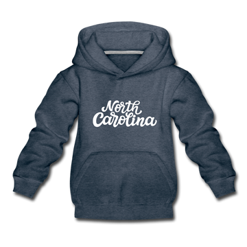 North Carolina Youth Hoodie - Hand Lettered Youth North Carolina Hooded Sweatshirt - heather denim