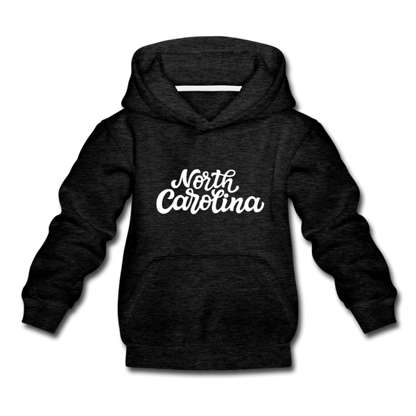 North Carolina Youth Hoodie - Hand Lettered Youth North Carolina Hooded Sweatshirt - charcoal gray
