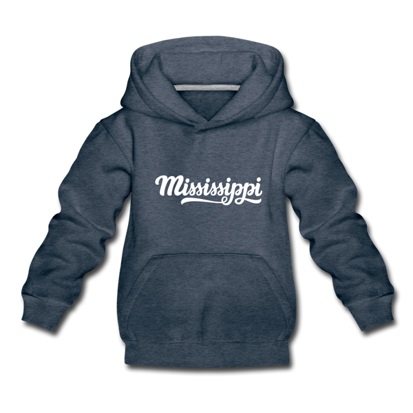 Mississippi Youth Hoodie - Hand Lettered Youth Mississippi Hooded Sweatshirt - heather denim