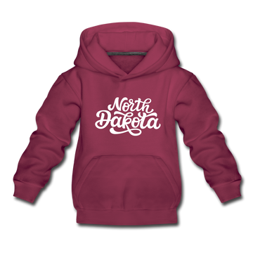 North Dakota Youth Hoodie - Hand Lettered Youth North Dakota Hooded Sweatshirt - burgundy