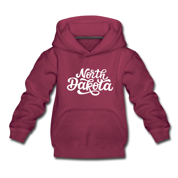 North Dakota Youth Hoodie - Hand Lettered Youth North Dakota Hooded Sweatshirt - burgundy