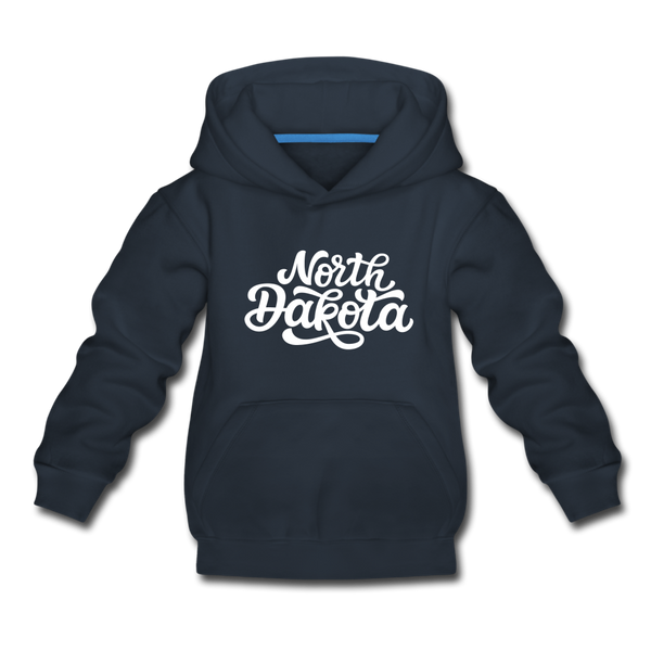 North Dakota Youth Hoodie - Hand Lettered Youth North Dakota Hooded Sweatshirt - navy