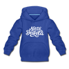 North Dakota Youth Hoodie - Hand Lettered Youth North Dakota Hooded Sweatshirt - royal blue
