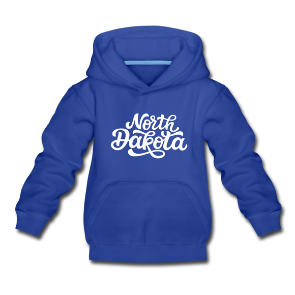 North Dakota Youth Hoodie - Hand Lettered Youth North Dakota Hooded Sweatshirt - royal blue