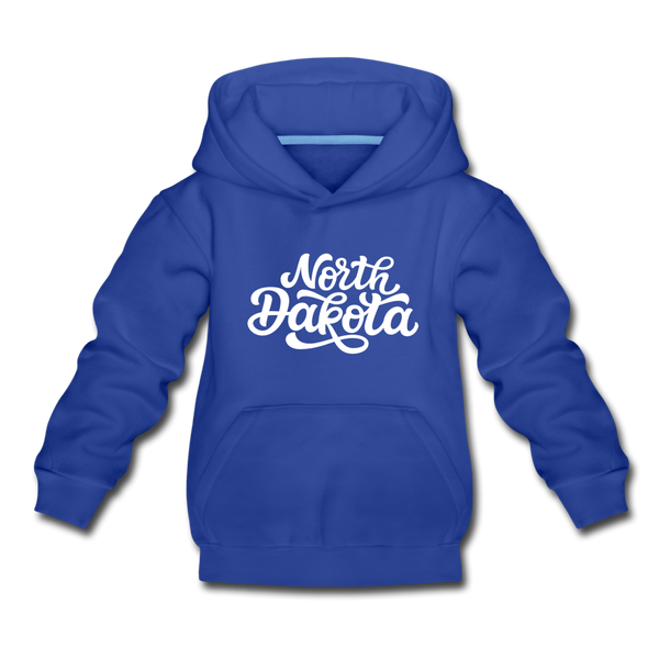 North Dakota Youth Hoodie - Hand Lettered Youth North Dakota Hooded Sweatshirt - royal blue