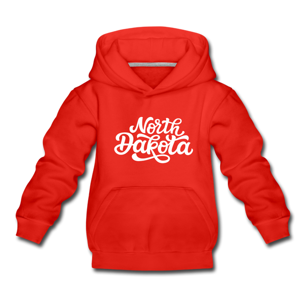 North Dakota Youth Hoodie - Hand Lettered Youth North Dakota Hooded Sweatshirt - red