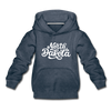 North Dakota Youth Hoodie - Hand Lettered Youth North Dakota Hooded Sweatshirt - heather denim