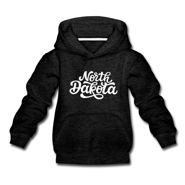 North Dakota Youth Hoodie - Hand Lettered Youth North Dakota Hooded Sweatshirt - charcoal gray