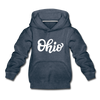 Ohio Youth Hoodie - Hand Lettered Youth Ohio Hooded Sweatshirt - heather denim