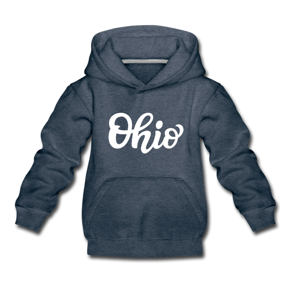 Ohio Youth Hoodie - Hand Lettered Youth Ohio Hooded Sweatshirt - heather denim