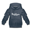 Pennsylvania Youth Hoodie - Hand Lettered Youth Pennsylvania Hooded Sweatshirt - heather denim