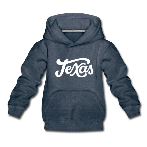 Texas Youth Hoodie - Hand Lettered Youth Texas Hooded Sweatshirt - heather denim