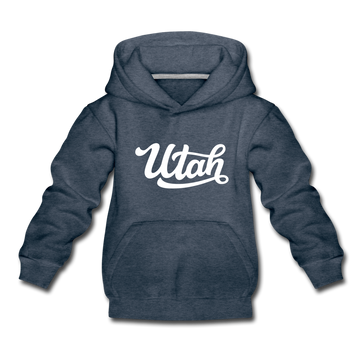 Utah Youth Hoodie - Hand Lettered Youth Utah Hooded Sweatshirt - heather denim