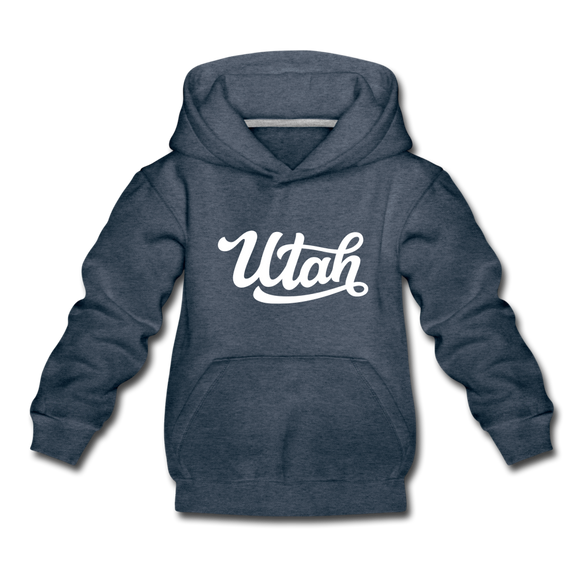 Utah Youth Hoodie - Hand Lettered Youth Utah Hooded Sweatshirt - heather denim
