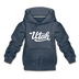 Utah Youth Hoodie - Hand Lettered Youth Utah Hooded Sweatshirt - heather denim
