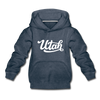 Utah Youth Hoodie - Hand Lettered Youth Utah Hooded Sweatshirt - heather denim