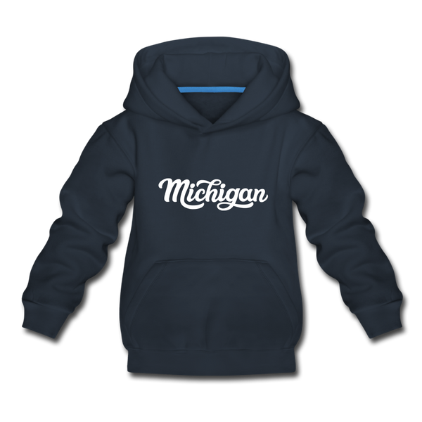 Michigan Youth Hoodie - Hand Lettered Youth Michigan Hooded Sweatshirt - navy