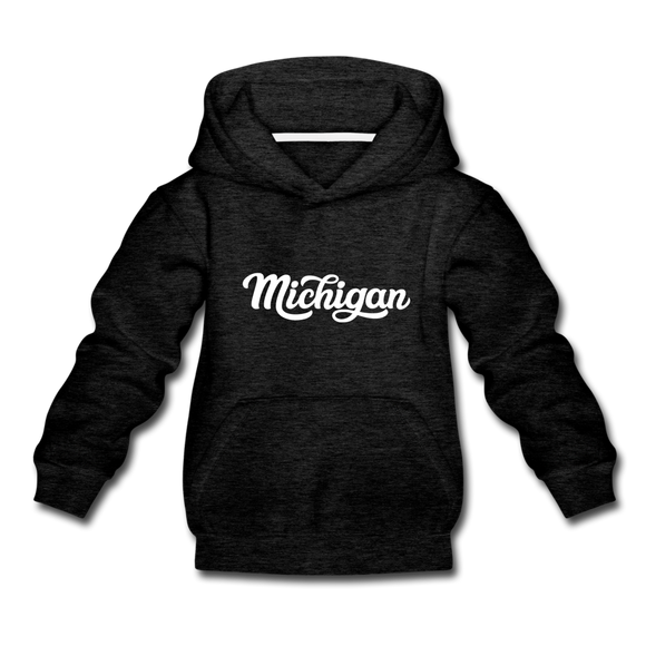 Michigan Youth Hoodie - Hand Lettered Youth Michigan Hooded Sweatshirt - charcoal gray