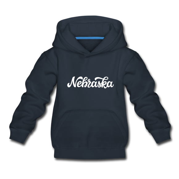 Nebraska Youth Hoodie - Hand Lettered Youth Nebraska Hooded Sweatshirt - navy