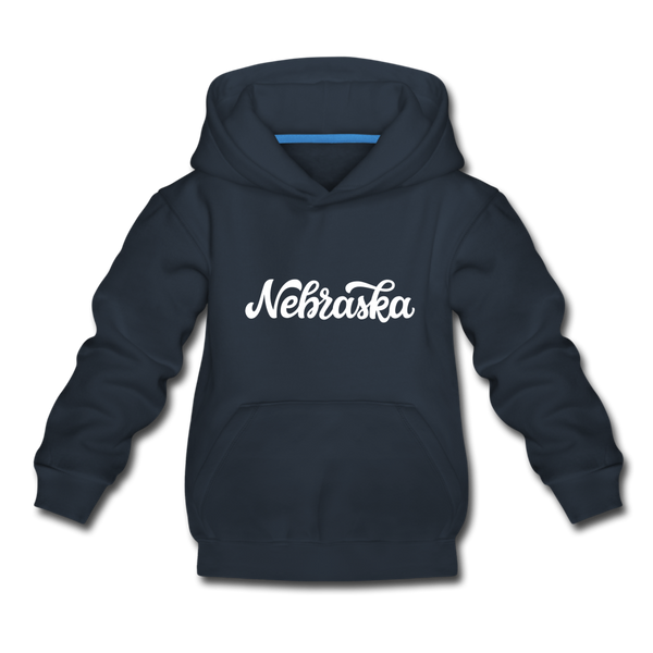 Nebraska Youth Hoodie - Hand Lettered Youth Nebraska Hooded Sweatshirt - navy