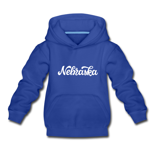 Nebraska Youth Hoodie - Hand Lettered Youth Nebraska Hooded Sweatshirt - royal blue