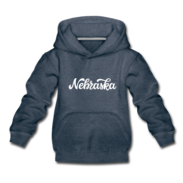Nebraska Youth Hoodie - Hand Lettered Youth Nebraska Hooded Sweatshirt - heather denim