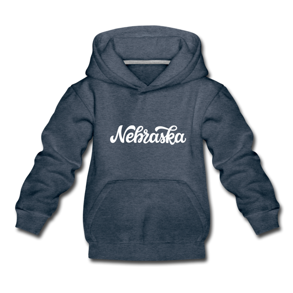 Nebraska Youth Hoodie - Hand Lettered Youth Nebraska Hooded Sweatshirt - heather denim