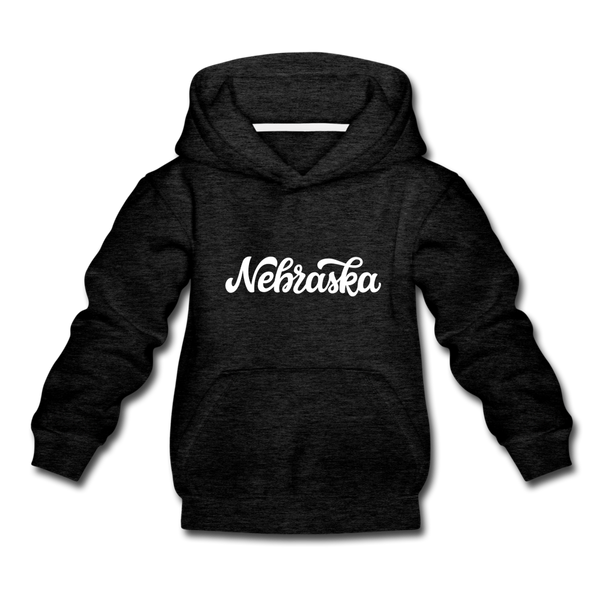 Nebraska Youth Hoodie - Hand Lettered Youth Nebraska Hooded Sweatshirt - charcoal gray