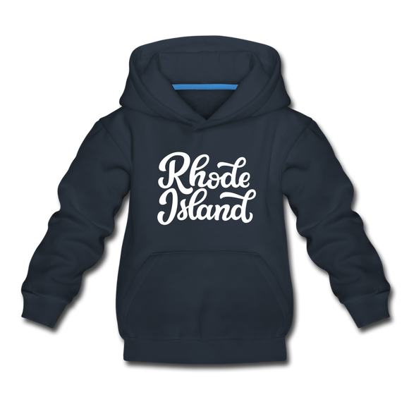 Rhode Island Youth Hoodie - Hand Lettered Youth Rhode Island Hooded Sweatshirt - navy
