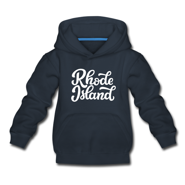 Rhode Island Youth Hoodie - Hand Lettered Youth Rhode Island Hooded Sweatshirt - navy