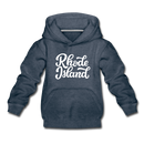 Rhode Island Youth Hoodie - Hand Lettered Youth Rhode Island Hooded Sweatshirt - heather denim