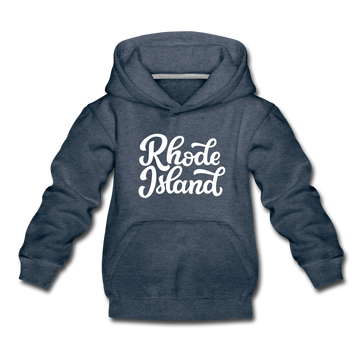 Rhode Island Youth Hoodie - Hand Lettered Youth Rhode Island Hooded Sweatshirt - heather denim