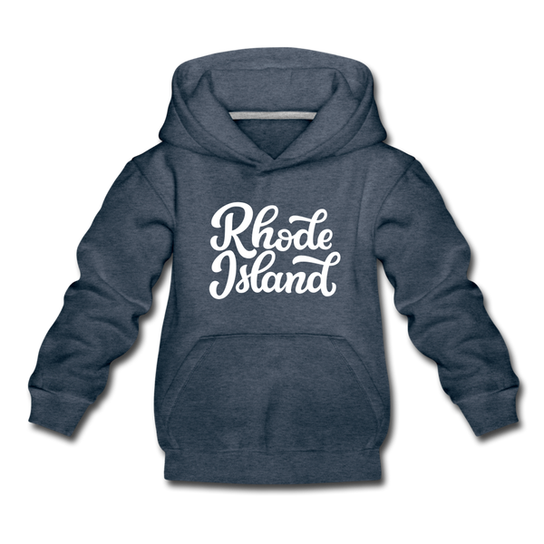 Rhode Island Youth Hoodie - Hand Lettered Youth Rhode Island Hooded Sweatshirt - heather denim