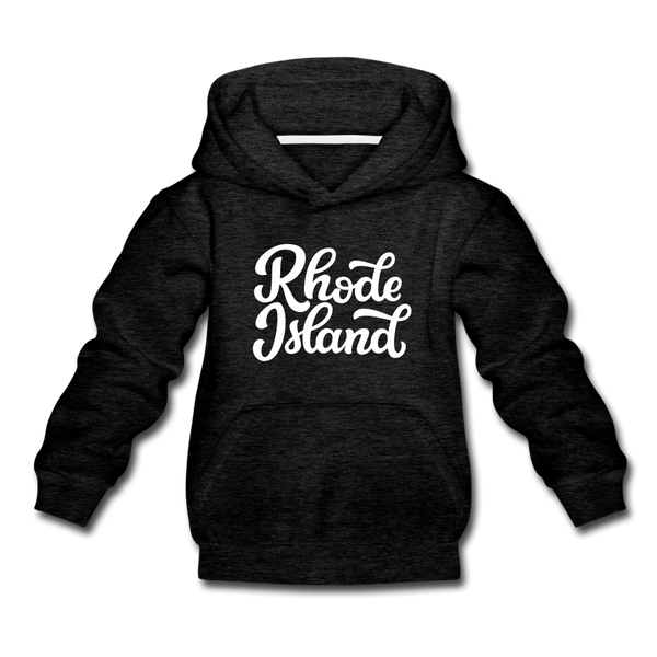 Rhode Island Youth Hoodie - Hand Lettered Youth Rhode Island Hooded Sweatshirt - charcoal gray