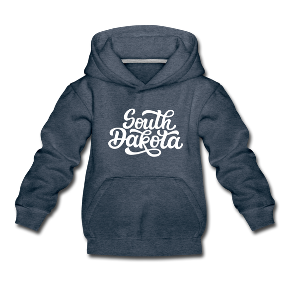 South Dakota Youth Hoodie - Hand Lettered Youth South Dakota Hooded Sweatshirt - heather denim
