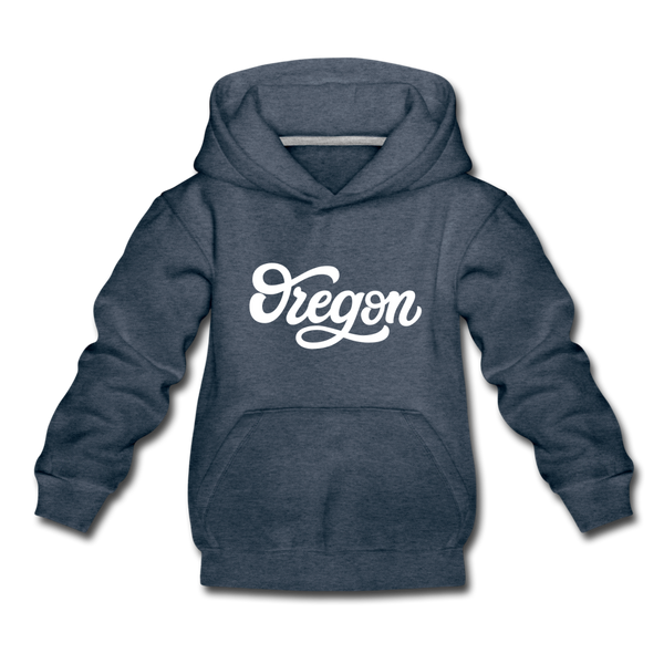 Oregon Youth Hoodie - Hand Lettered Youth Oregon Hooded Sweatshirt - heather denim