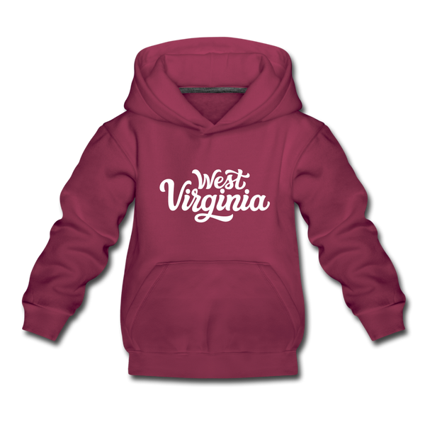 West Virginia Youth Hoodie - Hand Lettered Youth West Virginia Hooded Sweatshirt - burgundy