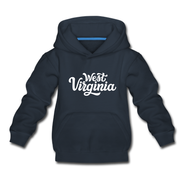 West Virginia Youth Hoodie - Hand Lettered Youth West Virginia Hooded Sweatshirt - navy