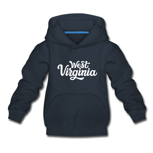 West Virginia Youth Hoodie - Hand Lettered Youth West Virginia Hooded Sweatshirt - navy