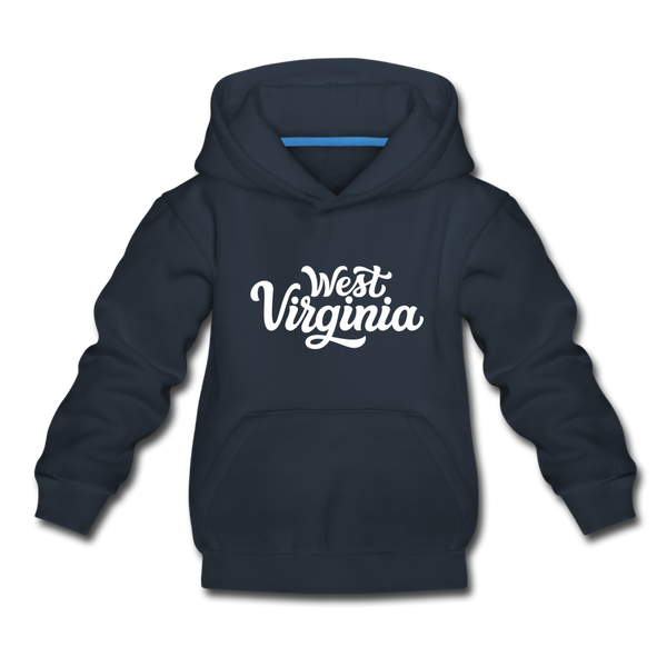 West Virginia Youth Hoodie - Hand Lettered Youth West Virginia Hooded Sweatshirt - navy