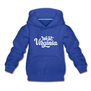 West Virginia Youth Hoodie - Hand Lettered Youth West Virginia Hooded Sweatshirt - royal blue