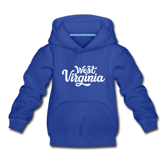West Virginia Youth Hoodie - Hand Lettered Youth West Virginia Hooded Sweatshirt - royal blue