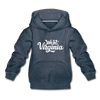 West Virginia Youth Hoodie - Hand Lettered Youth West Virginia Hooded Sweatshirt - heather denim