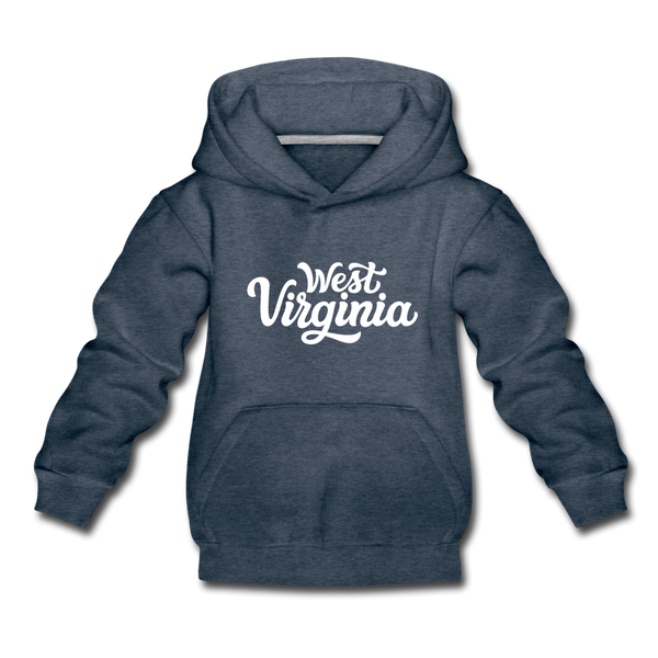 West Virginia Youth Hoodie - Hand Lettered Youth West Virginia Hooded Sweatshirt - heather denim