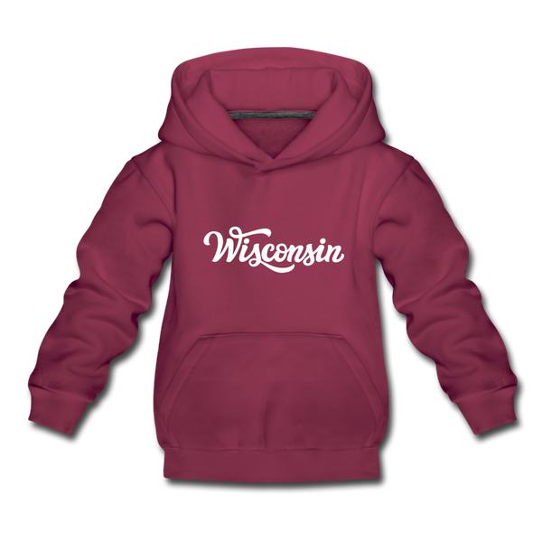 Wisconsin Youth Hoodie - Hand Lettered Youth Wisconsin Hooded Sweatshirt - burgundy