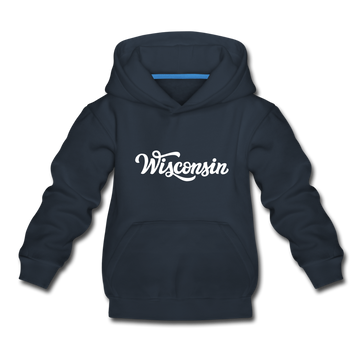 Wisconsin Youth Hoodie - Hand Lettered Youth Wisconsin Hooded Sweatshirt - navy